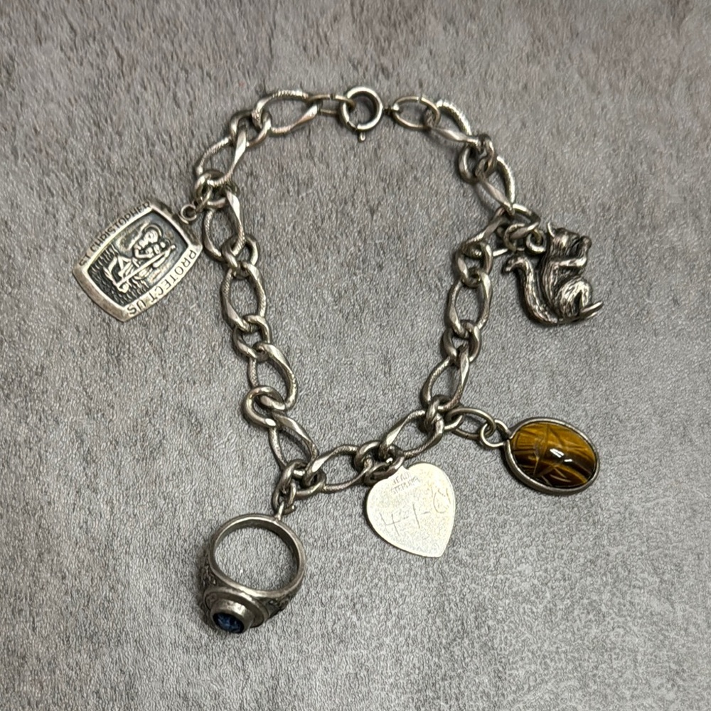 Silver Tone Charm Bracelet with Brown Tiger's Eye and Heart Charm